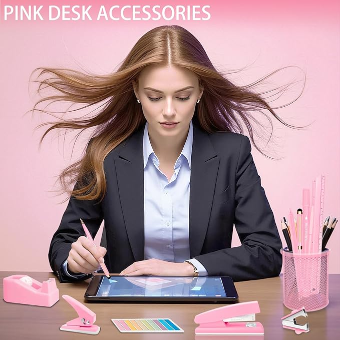 Pink Desk Accessories Set - 16 Pcs Pink Office Supplies with Stapler, Tape Dispenser, Pen Holder, Staple Remover, Hole Punch, Practical Aesthetics Desk Sets for Office, Home, School Women