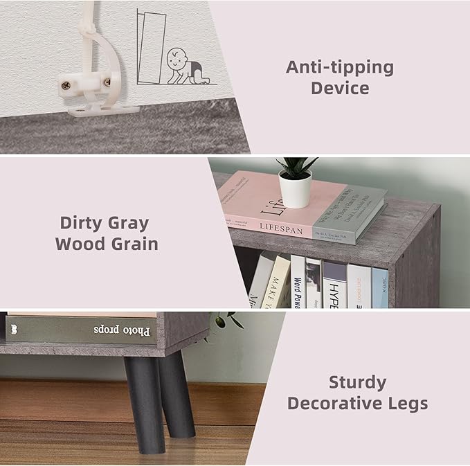 LEYAOYAO 8 Cube Bookshelf,Farmhouse Bookcase with Legs,Modern Dirty Grey Mid-Century Bookshelves,Large 3 Tier Open Storage Organizer Shelf, Retro Wood Display Book Case