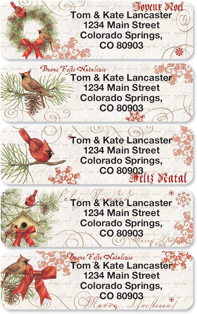 Joyelle Christmas Rolled Personalized Return Address Mailing Labels with Dispenser, Set of 250, 5 Designs, Small ¾ x 2½ Inch Size, Custom Self-Adhesive Sticker Roll, by Colorful Images