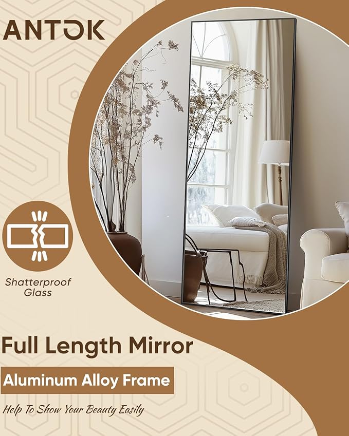 Antok Full Length Mirror, 59"x18" Floor Mirror, Floor Standing Freestanding Full Body Mirror with Stand for Bedroom, Hanging Mounted for Living Room Cloakroom, Black