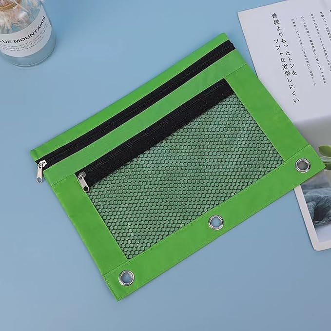 Pencil Pouch for 3 Ring Binder - 3 Hole Zipper Pen Case Bag Holder Bulk Accessories Clear Window Aesthetic Organizer Pockets (Green, 1)