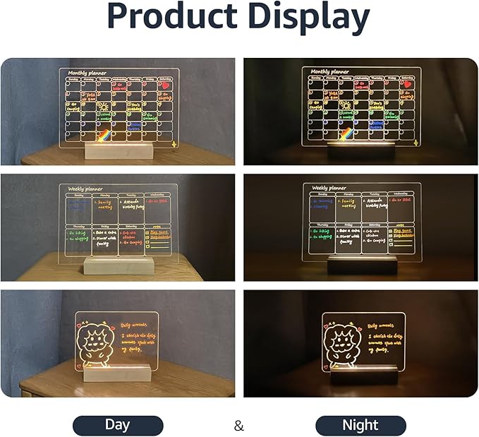 Acryic Dry Erase Board with Light, Wooden Stand Up for Desk, 11.8”x7.9”, Clear Monthly/Weekly Calendar and Led Note Board with Colors, Room/Store/Office/Festival/Gift, 6 Markers