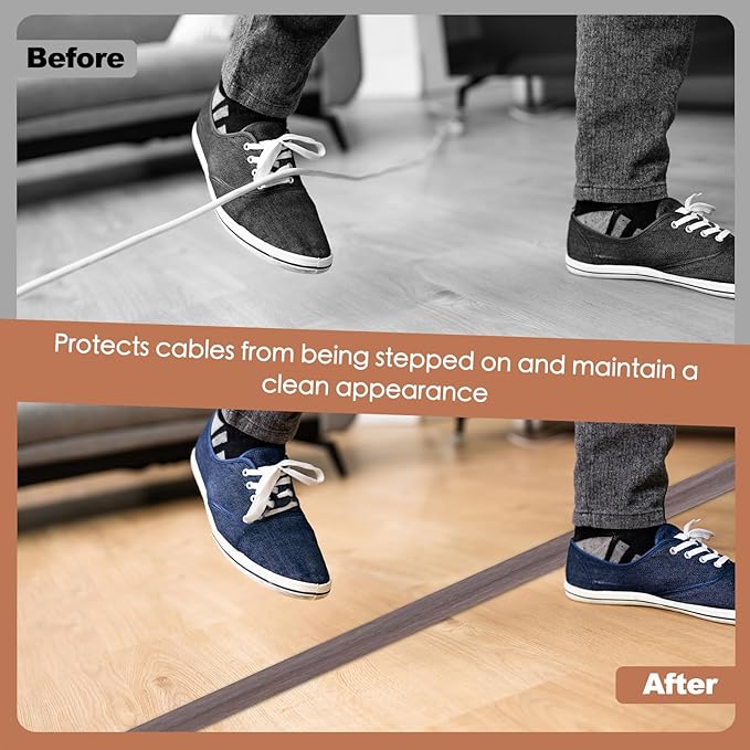 Floor Cord Cover for Wires on Floor Self Adhesive Cord Hider Floor Cable Management Wire Covers for Cords Protector Prevent Cable Trips Cord Cavity W 0.32" x H 0.32", Grayish Brown Wood, 10Ft