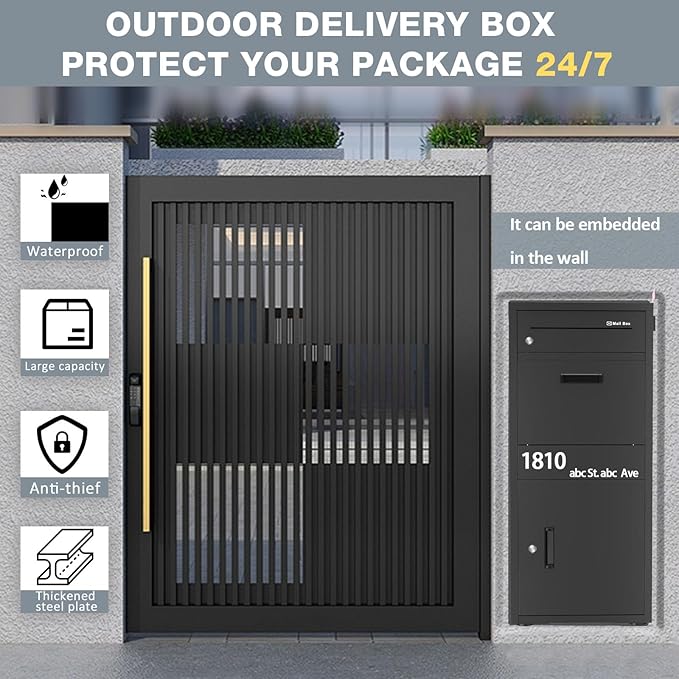 Package Delivery Boxes for Outside, Large Parcel Drop Boxes with Lock, Customize Address Stickers Package Drop Boxes for Outside is Waterproof,Package Delivery Box for Porch (Black，40"*17.7"*15 in)