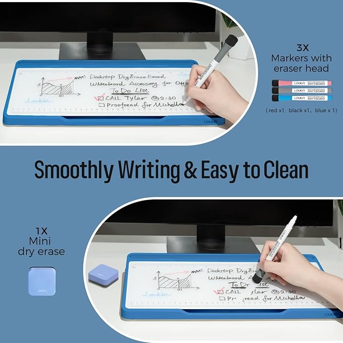 LOUKIN Glass Desktop Whiteboard, 15.3" x 5.6" Dry Erase Desk Board with Dotted and Graduated Surface, Desktop Buddy, Great for Design and Drawing, 3 Markers and 1 Dry Erase Eraser Included (Blue)