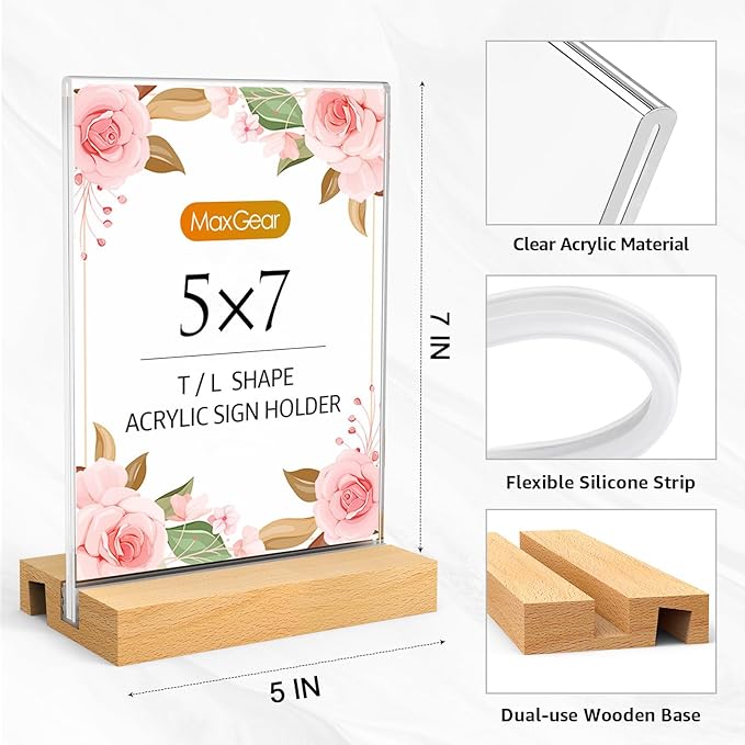MaxGear L/T Shape Acrylic Sign Holder, 5 X 7 Clear Table Display Stand with Wooden Base, Flyer Menu Holder Photo Frames Paper Stand for Office, Wedding, Restaurants, Hotels 3 Pack