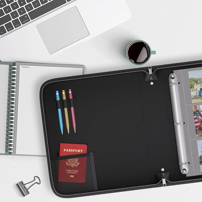 Fireproof 3 Ring Binder with Zipper, 1.5 Inch D Rings Hold up 375 Sheets of 8.5" x 11" (A4), Compatible with Clear Page Protectors, Built-in Net and Pen Holder(Black, 1 Pcs)