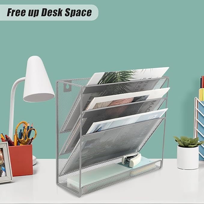 EASEPRES Desk File Organizer Mesh 4-Tier, Hanging Wall Mount Document Organization Stand, Desktop Vertical Mail Paper Folder Holder Rack with Bottom Tray for Office Home Cubicle Countertop, Gray