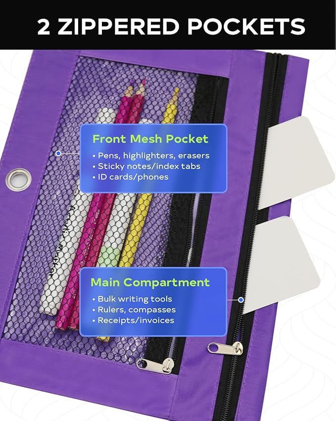 3 Ring Binder Pencil Pouch - School Pencil Case with 2 Zippered Pockets, Clear Mesh Window Pencil Bag, B5 Size, Back to School Gifts (Purple)