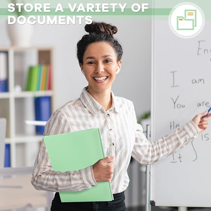 Henoyso 72 Pcs Plastic Folder with Clear Front Pocket and 3 Prong Plastic Folders with Card Slot Pocket Folders with Prongs for School Office (Light Green)