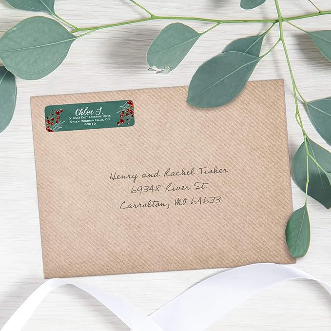 Pine and Berry Rolled Address Labels/Roll of 500 Personalized Return Address Labels/Designer Return Address Stickers in Elegant Plastic Dispenser