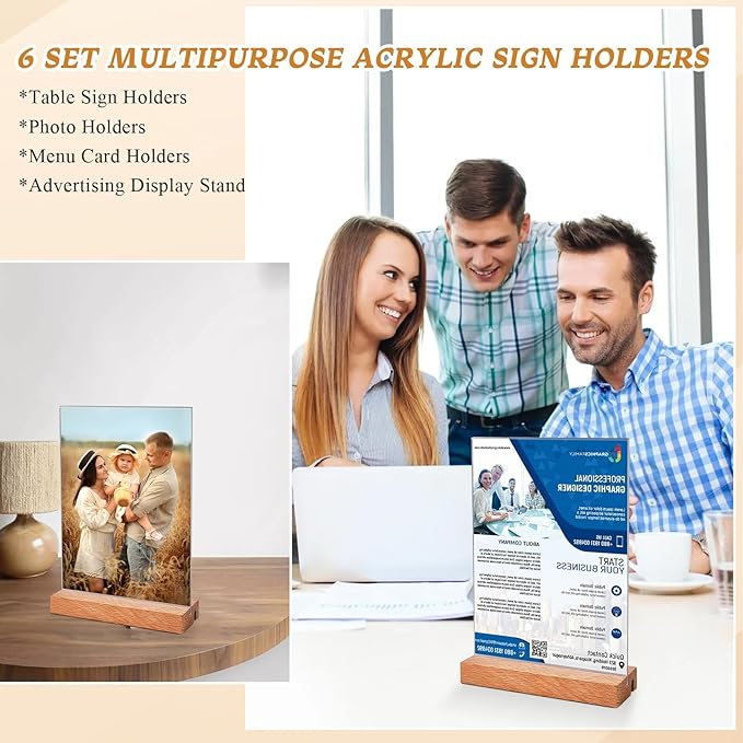 6 Pcs Acrylic Sign Holder 5 x 7 Inch, L Shape Clear Flyer Holder with Wood Base, Clear Stand Menu Table Display Holders Name Card for Office, Restaurant