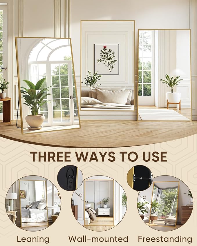 Antok Full Length Mirror, 76"x44" Floor Mirror, Floor Standing Freestanding Full Body Mirror with Stand for Bedroom, Hanging Mounted for Living Room Cloakroom, Gold