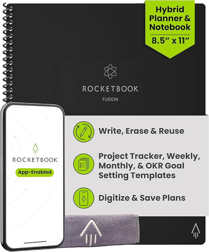 Rocketbook Fusion Hybrid Reusable Planner and Notebook in One, Additional Blank Pages, Goal and Project Tracker, Undated Planner, Letter Size 8.5x11, Black (Pack of 1)