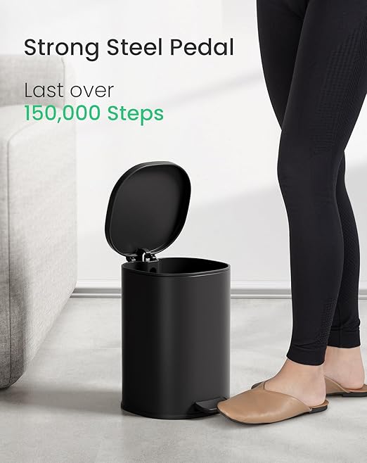 Cesun Black Bathroom Trash Can with Lid, 1.3 Gallon Small Garbage Can with Foot Pedal, Metal Round Wastebasket for Bathroom, Bedroom, Office, Matte Black