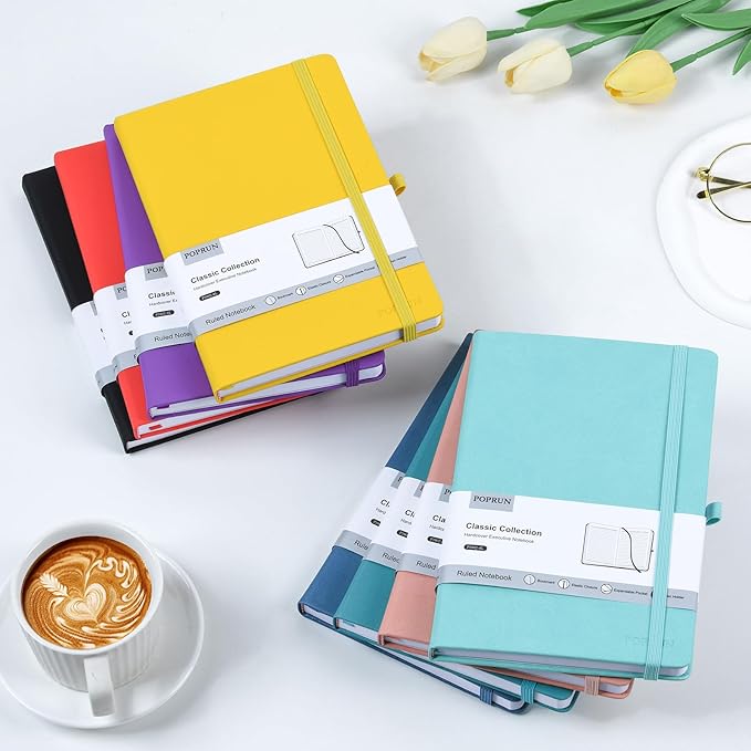 POPRUN A5 Lined Journal Notebooks, Leather Hardcover Thick Notebook for Writing, Business Work, Travel, School, College, Christmas, 5.5 x 8.3 inch, 240 Pages Classic Ruled Journals Notepad, Black