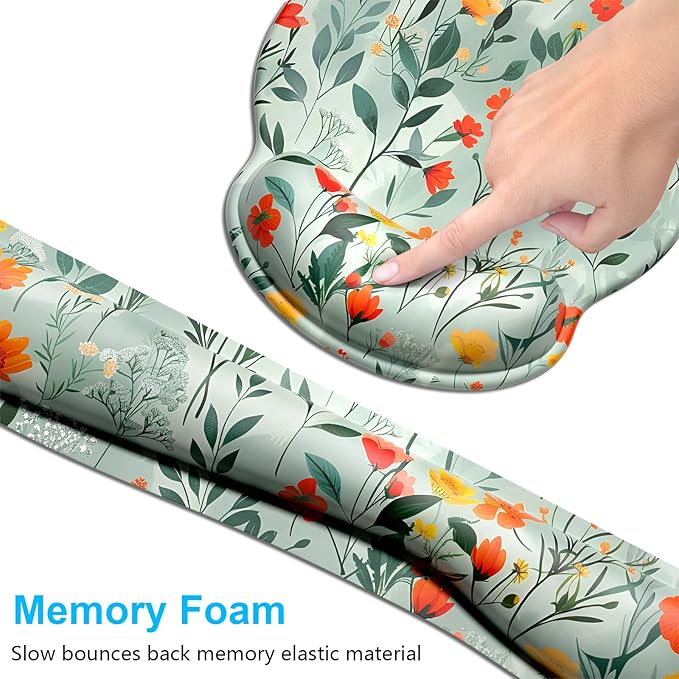 Dapesuom Keyboard Wrist Rest and Mouse Pad with Wrist Support, Cute Memory Foam Cushion for Keyboard and Mouse Set, Desktop Pad Rests with Non Slip Base for Easy Typing & Pain Relief, Simple Flowers