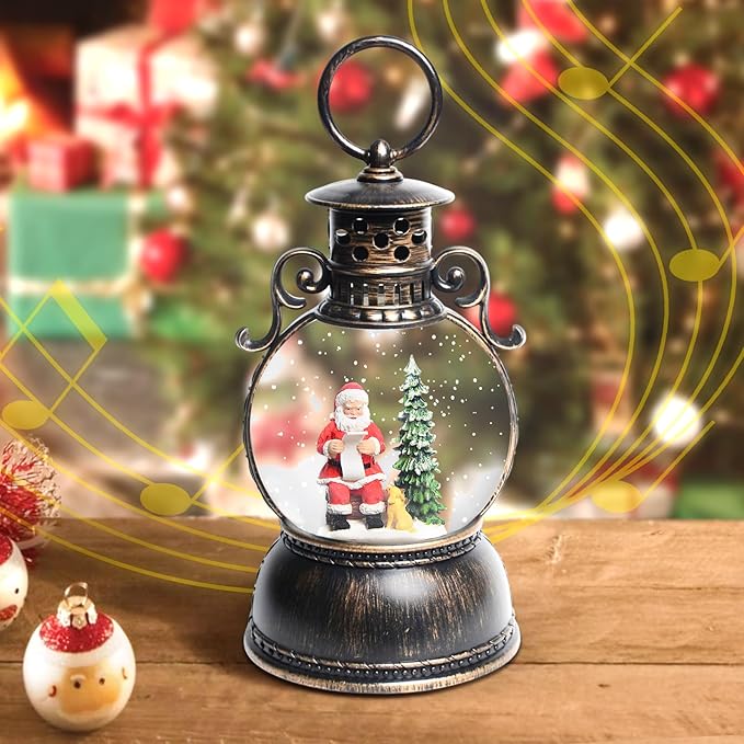 Christmas Snow Globes, Santa Claus and Dog Christmas Lantern with 8 Songs, 6H Timer Battery & USB Powered Glitter Music Box for Christmas Table Decorations Holiday Girl Boy Adults Gifts