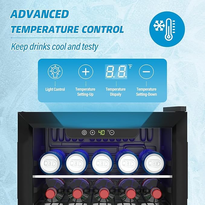 Compact Beverage Refrigerator, 95 Can/2.6 Cubic Feet Fridge with Glass Front Door for Soda, Beer or Wine, Under Counter Small Refrigerator with Adjustable Shelve & Digital Display(Black)