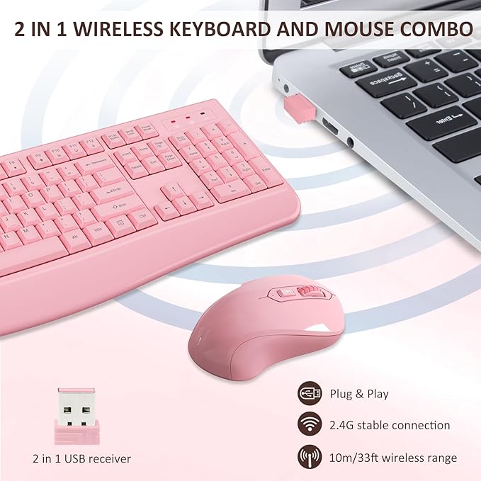 Wireless Keyboard and Mouse Combo, Full-Sized 2.4GHz Wireless Keyboard with Comfortable Palm Rest and Optical Mouse for Windows, Mac OS PC/Desktops/Computer/Laptops (Full Pink)