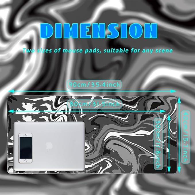 Desk Mat, Abstract Black White Ink Liquid Waves Extended Gaming Mouse Pad Large, 31.5"x11.8" Big Mouse Pad with Non-Slip Base and Stitched Edge, Long Computer Keyboard Mouse Mat for Home Office Work