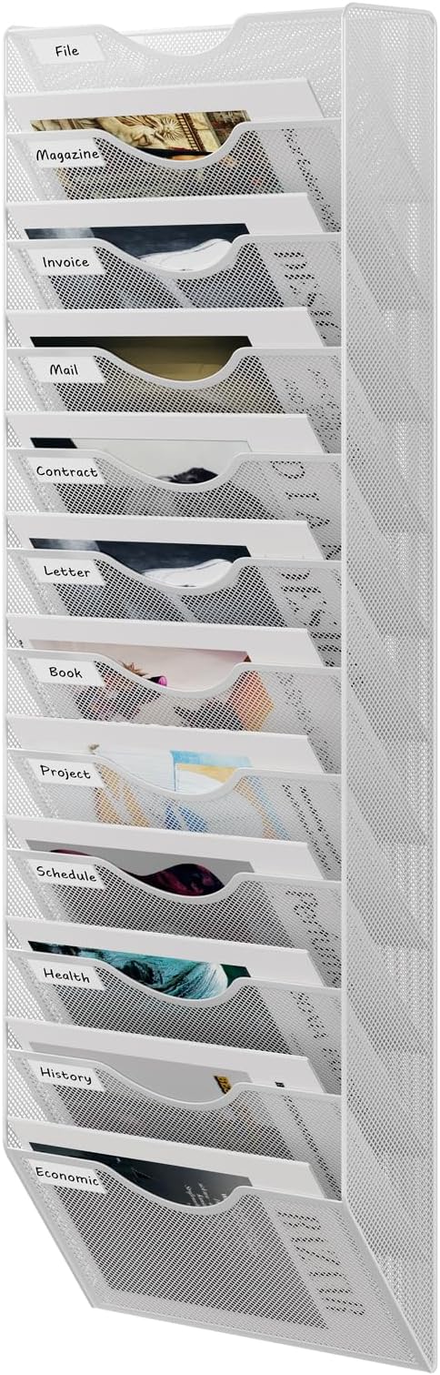 12 Tier Hanging Wall File Holder, Metal A4 Wall Mounted Document Holder, Vertical Hanging Mail Organizer, Magazine Storage Rack for Office Home Classroom, White