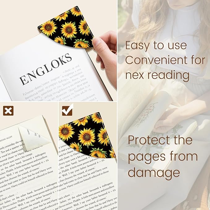 Sunflower Corner Bookmarks, Funny Leather Book Accessories for Book Lovers, 3 Pcs Reading Book Page Markers for Women Men Student Teacher Girls Boys Kids Retirement Birthday Gifts