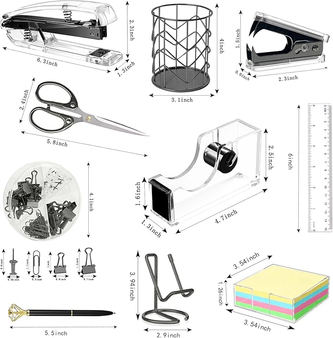Office Desk Accessories, Acrylic Stapler, Staple Remover, Tape Holder, Pen Holder, Ballpoint Pen, Scissor, Binder Clips, 1000pcs Staples, Phone Holder, Ruler, Transparent Glue and 300 Notes