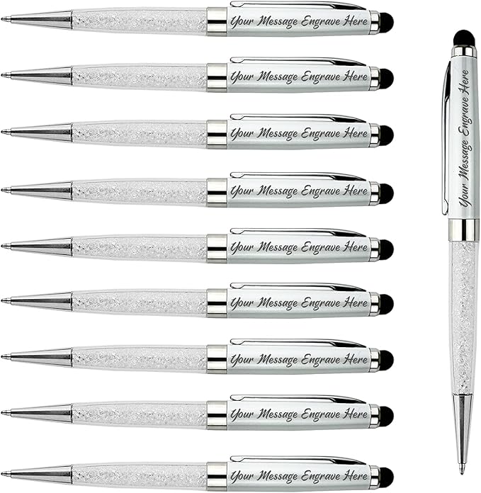 Ancolo Custom Personal Office Pens with Stylus Tip - Quality pens Fine point -Engraved Team Name, Phone Number, Slogan Perfect for Bank, Office, Hotel Lobbies (White) 10PCS/Pack