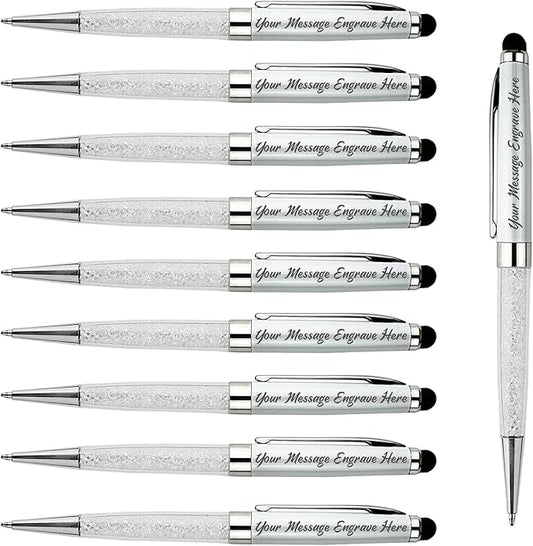 Ancolo Custom Personal Office Pens with Stylus Tip - Quality pens Fine point -Engraved Team Name, Phone Number, Slogan Perfect for Bank, Office, Hotel Lobbies (White) 10PCS/Pack