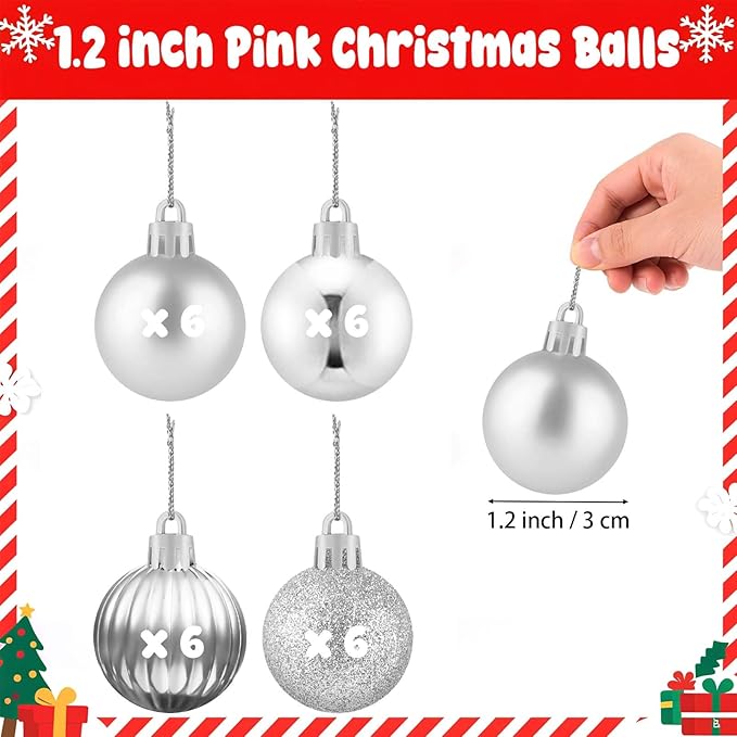 Set of 24 Small Silver Christmas Ornaments Balls for Christmas Tree, 1.2 inch Mini Silver Ornaments for Mini Tree, Plastic Shatterproof Hanging Bulbs Xmas Valentine Party Indoor Outdoor Decorations