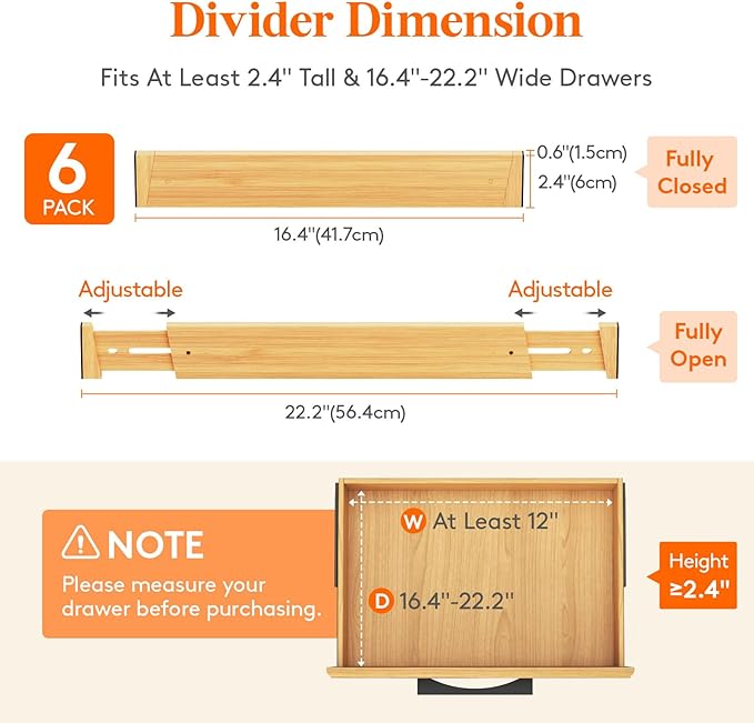 Lifewit 6 Pack Drawer Dividers Bamboo 2.4" High, 16-22" Adjustable Drawer Organizers for Clothes, Wooden Dresser Separators in Bedroom/Bathroom/Kitchen/Fridge/Office Organization and Storage