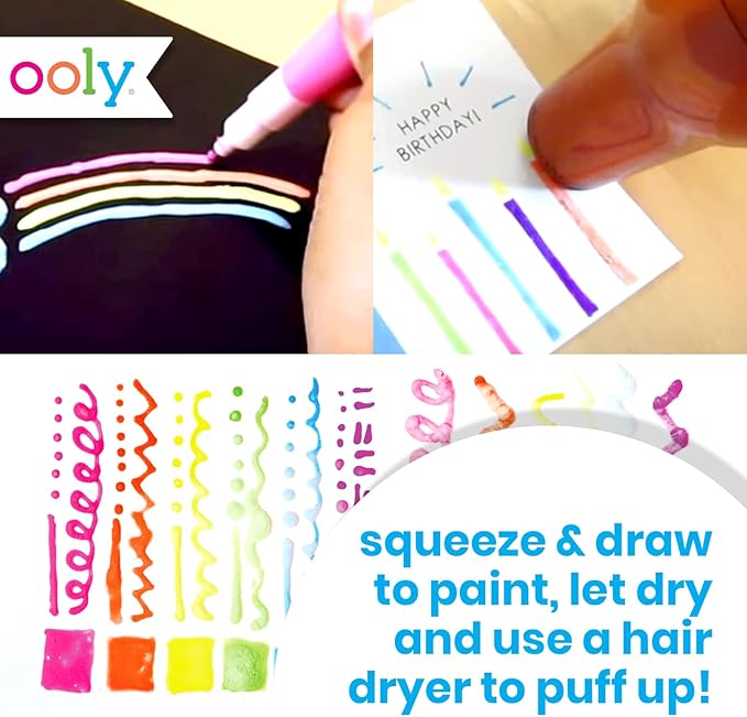 Ooly Puffy Paint Neon Gel Pens 2 Pack (12 Pens), 3D Foam Texture Painting Magic Puffy Pen, Creative and Fun Pens for Kids Arts and Crafts Drawing Supplies