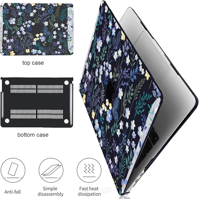 for MacBook Air 13.6 inch Case 2025 2024 2023 2022 Release Model A3240 M4 A3113 M3 A2681 M2, Printed Pattern Plastic Hard Shell for 2025 Mac Air 13.6 M4 Cover, Meadow Wildflower Black