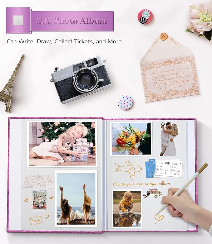 Photo Album Self Adhesive Scrapbook Album for 3x5 4x6 5x7 8x10 Pictures,40 Pages Linen Cover with Display Window DIY Photo Book,Ideal Gifts for Family Travel Wedding Baby