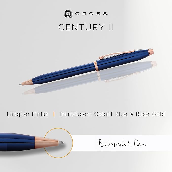 Cross Century II Refillable Ballpoint Pen Presented in a Luxury Gift Box - Medium Point, Black Ink, Translucent Cobalt Blue & Rose Gold