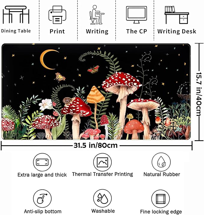 Ferns Leaves Cute Mushrooms Desk Mat Kawaii Green Plants Mouse Pad Xl Mat Large Gaming Desk Pad For Desk Decor Laptop Computer Keyboard Pad Desk Home Office For Women With Stitched Rounds 31.5x15.7 In