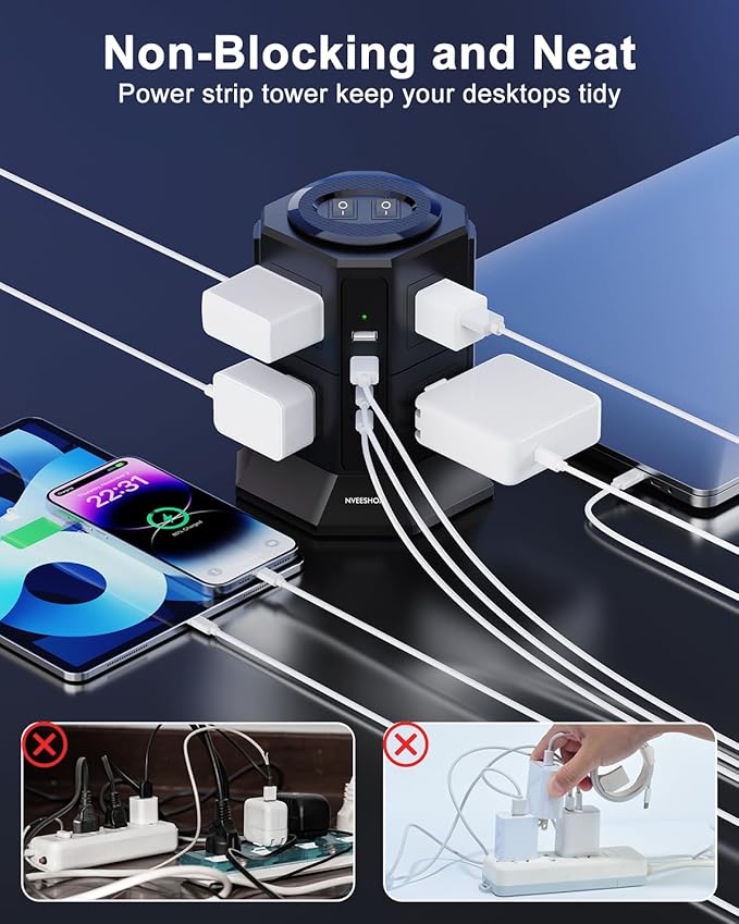 Surge Protector Power Strip Tower with 8 AC Outlets 4 USB Ports(2 Type C), 6.5 FT Ultra Flat Extension Cord, Flat Plug Power Strips Tower with Surge Protection for Home, Office, Dorm