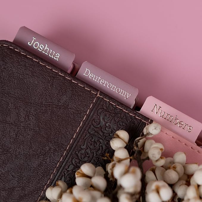 UPAFEXXI-Laminated Bible Tabs for Women and Men (Gold Foil Embossed Lettering) Reposition Large Print tabs, Easy to Read and Apply, 80 Bible Chapters Labels for Easy Navigation(Pink and White)