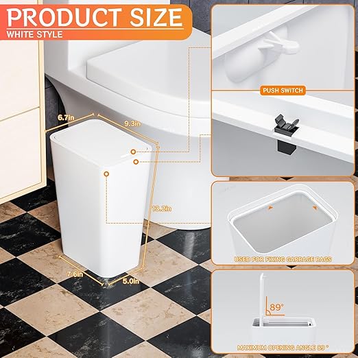 Yieach 12L White Slim Bathroom Trash Can with Lid,3.17 Gallon Pet/Dog Proof Kitchen Trash Can,Rectangle Thin Garbage Can,Covered Waste Basket,Narrow Small Plastic Trashcan for Room,Bedroom,Office,1PCS