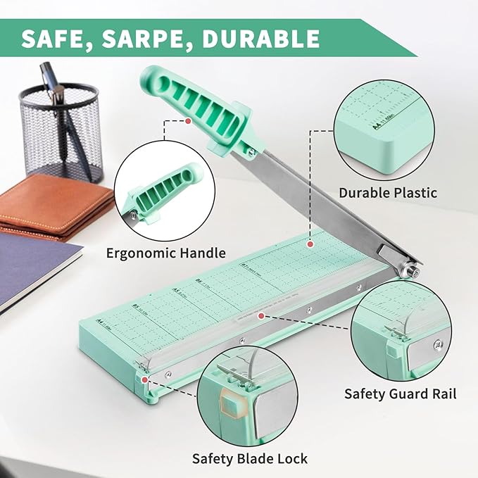 MAKEASY Paper Cutter 12 Inch, Guillotine Paper Cutter with 8 Sheet Capacity, Heavy Duty Paper Cutter for Cardstock, Paper Trimmer for Crafting, Classroom and Office, Green