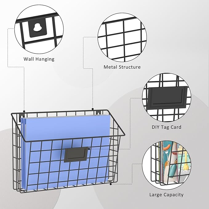 X-cosrack Detachable Hanging Wall Files Rack&3-Tier Metal Folder Wall File Holder with Tag Slot Mounts on Wall and Door for Office, Home, and Work Easy Organizing,Black(Patent Pending)