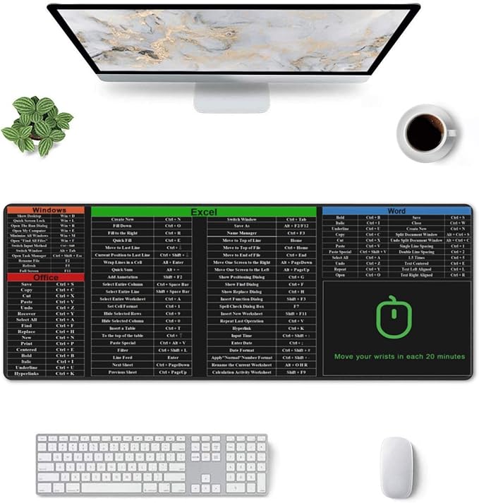Excel Shortcut Keys Mouse Pad, Computer Word Outlook Command Prompt Extended Large XL Cheat Sheet, Non Slip Rubber Base Stitched Edge Gaming Mousepad, PC Office Keyboard Mat 31.5 X 11.8 Inch