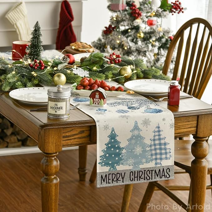 Artoid Mode Blue Pine Trees Merry Christmas Table Runner, Winter Xmas Holiday Kitchen Dining Table Decoration for Home Party Decor 13x120 Inch