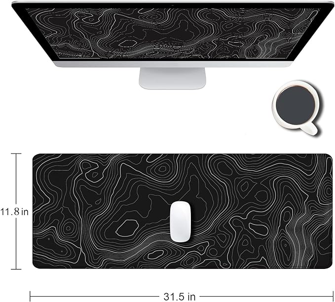 Gaming Mouse Pad, Large Topographic Mouse Pads for Desk, Non-Slip Rubber Base Mousepad, Keyboard Mouse Mat, Desk Pad with Stitched Edges, 31.5x11.8inch, Black Geographic Lines