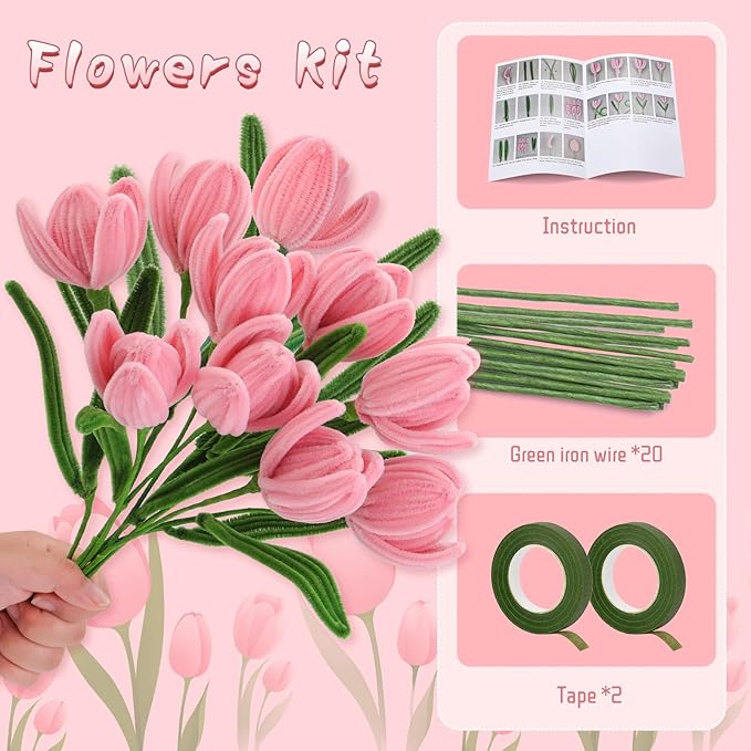 Pipe Cleaner Flowers Pink Pipe Cleaners Set Chenille Stems Green Pipe Cleaner Flower Kit Pipe Cleaners Bulk with Floral Wire Instructions for DIY Art and Craft Projects Creative(10 Flowers)