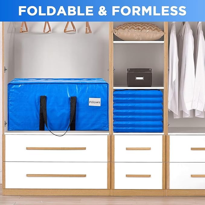 BETU Extra Large Moving Bags Heavy Duty Storage Bags with Zipper Handles, 16 Pack Clothes Storage Totes Bins Packing Moving Boxes, Moving Supplies for College Dorm Essentials, Space Saving, Blue