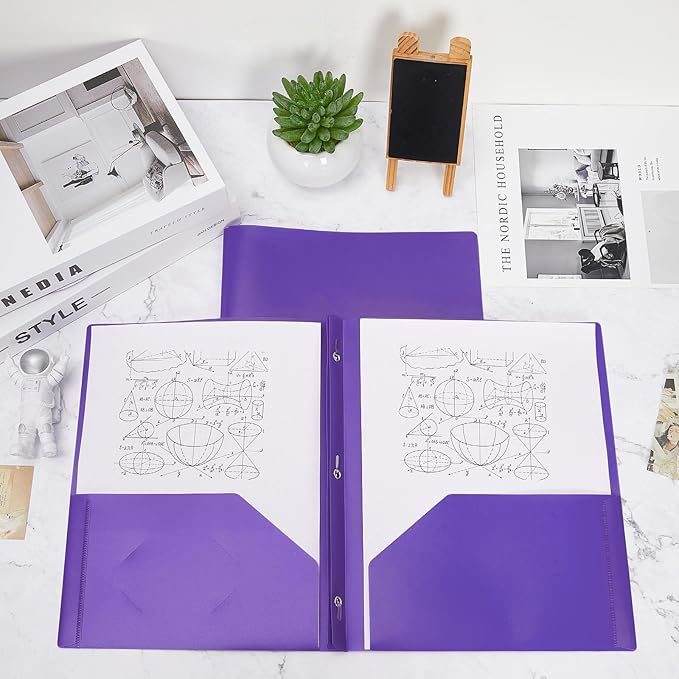 Yeaqee 30 Pcs Plastic Folders with Pockets and Prong Plastic Folders with 2 Pockets Pocket for Office, School for Students, Teachers, Office Workers (Purple)