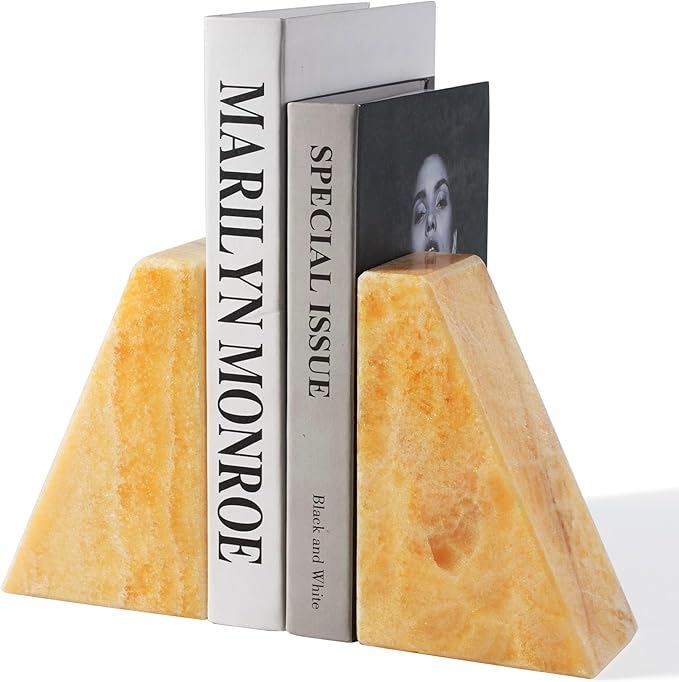 Marble Bookend for Heavy Books, Decorative Bookends for Shelves, Durable and Heavy-Duty Book End for Hardback Book & CDS, Unique Stopper & Holder, Mexico Onyx, Set of 2