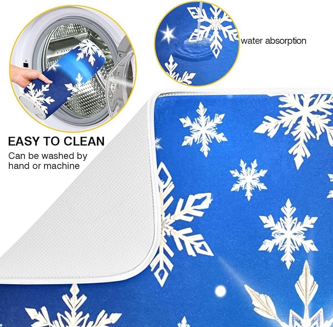 Christmas Blue Snowflakes Dish Drying Mat for Kitchen Counter 18 x 24 Snow Flakes Microfiber Dry Dishes Mats Drainer Mat Dish Drying Pad for Countertops